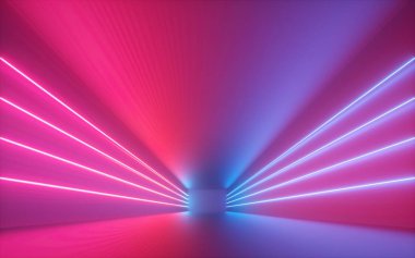 3D render, kırmızı mavi neon çizgiler, ışıklı boş oda, sanal alan, ultraviyole ışık, 80 's retro tarzı, moda gösterisi sahne, arka plan