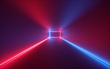 3D render, kırmızı mavi neon ışık, ışıklı koridor, tünel, boş oda, sanal alan, ultraviyole ışık, 80 's retro tarzı, moda gösterisi sahne, arka plan