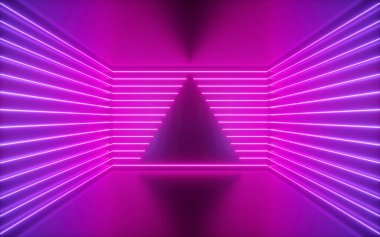 3D render, pembe neon hatları, üçgen şekil içinde boş oda, sanal alan, ultraviyole ışık, 80'lerin tarzı, retro disko kulübü iç, moda gösterisi sahne, arka plan soyut