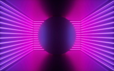 3D render, şeklin içini boş oda, sanal alan, ultraviyole ışık, 80'lerin tarzı, retro disko kulübü iç, moda gösterisi sahne, yuvarlak pembe neon satırları arka plan soyut