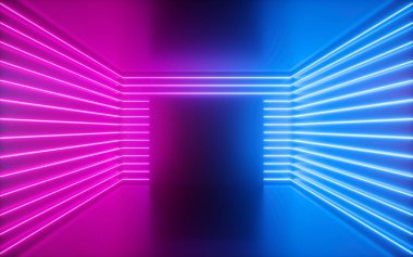 3D render, pembe neon hatları, kare şeklin içini boş oda, sanal alan, ultraviyole ışık, 80'lerin tarzı, retro disko kulübü iç, moda gösterisi sahne, arka plan soyut