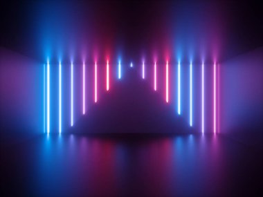 3D render, pembe mavi neon ışık, dikey parlayan hatları, üçgen şekli, morötesi spectrum, sahne, arka plan göster