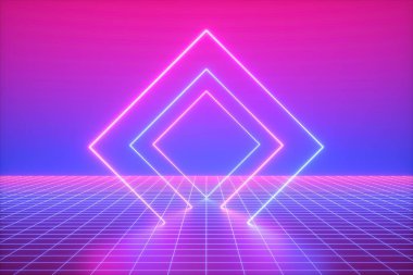 3D render, pembe mavi neon ışıkları, arka plan, sanal gerçeklik, kare şekli, canlı renkler, lazer gösterisi