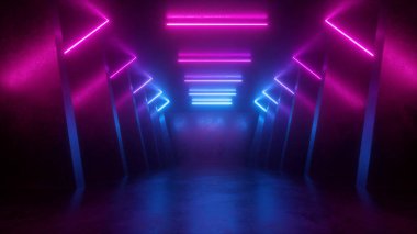 3D render, neon soyut arka plan, boş oda, tünel, koridor, parlak çizgiler, geometrik, ultraviyole ışık