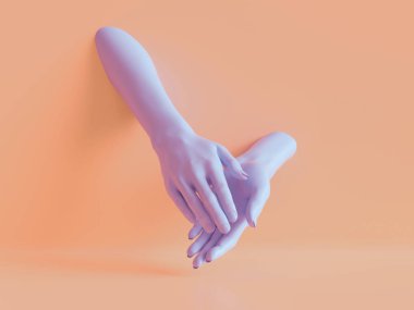 3D render, eller izole, alkış, en az moda arka plan, mankenin vücut parçaları, ortaklık kavramı, çok güzel Menekşe pastel renkler