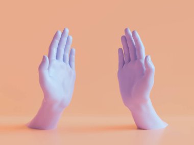 3D render, kadın eller izole, açık avuç içi, mücevher dükkanı ekran, en az moda arka plan, mankenin vücut parçaları, eller, gösteri, sunum, güzel Menekşe pastel renkler yardım