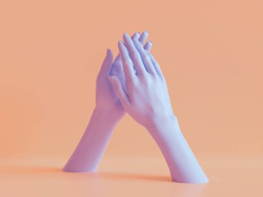 3D render, eller izole, alkış, en az moda arka plan, mankenin vücut parçaları, ortaklık kavramı, çok güzel Menekşe pastel renkler