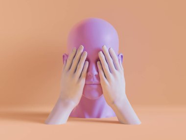 3D render, kadın manken kafası, gözleri kapalı eller, kör kavramı, yalıtılmış nesne, en az moda arka plan, ekran, pembe çok güzel Menekşe pastel renkler shop