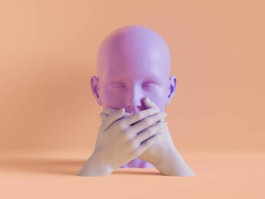 3d render, speechless female mannequin head, mouth closed by hands, silence concept, isolated object, minimal fashion background, shop display, pink peachy violet pastel colors clipart