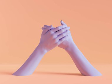 3D render, kadın izole, minimal moda arka plan, mankenin vücut parçaları, holding, boşluk, pastel renkler eller.