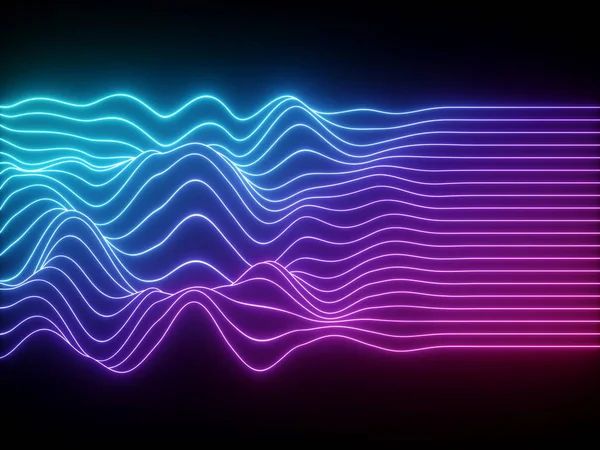 Rendu 3d, rose bleu ondulé lignes au néon, égaliseur virtuel de musique électronique, visualisation des ondes sonores, fond abstrait lumière ultraviolette — Photo