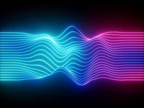 3 d レンダリング、ネオンが青い波状ライン、電子音楽仮想イコライザー、音波の可視化、紫外線光の抽象的な背景 — ストック写真