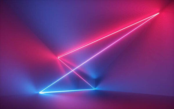 3d render, red blue neon light, glowing lines, reflections, abstract background