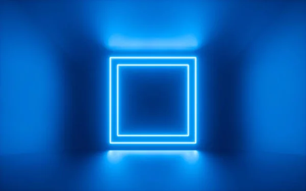 3d render, blue neon square frame, empty space, ultraviolet light, 80\'s retro style, fashion show stage, abstract background