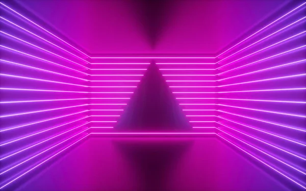 Renderização 3d, linhas de néon rosa, forma de triângulo dentro da sala vazia, espaço virtual, luz ultravioleta, estilo dos anos 80, retro discoteca clube interior, palco de desfile de moda, fundo abstrato — Fotografia de Stock