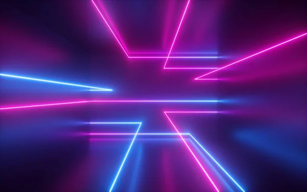 Rendering 3d, linee al neon blu rosa, forme geometriche, spazio virtuale, luce ultravioletta, stile anni 80, discoteca retrò, sfilata laser moda, sfondo astratto — Foto Stock