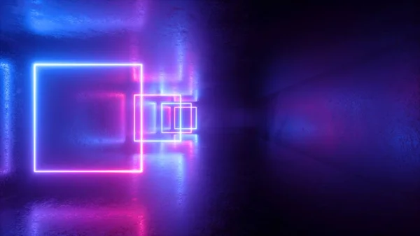 3D рендеринг, светящиеся неоновые квадраты, абстрактный фон, геометрические линии, отражения ультрафиолетового света, лазерное шоу — стоковое фото