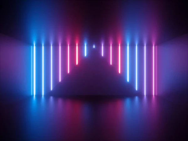 3d 渲染, 粉红色的蓝色霓虹灯, 垂直发光的线条, 三角形的形状, 紫外线光谱, 显示阶段, 抽象的背景 — 图库照片