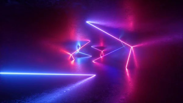 3D render, neon absztrakt háttér, fluoreszkáló ultraibolya fény, modern bíbor színű, piros kék kaotikus izzó vonalak — Stock Fotó