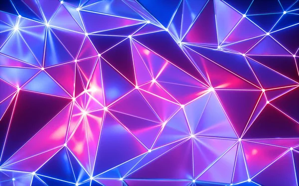 3d render, abstrato neon fundo poligonal, malha holográfica, textura cristalizada — Fotografia de Stock