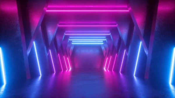 3D рендеринг, неоновый абстрактный фон, пустая комната, туннель, коридор, светящиеся линии, геометрический, ультрафиолетовый свет — стоковое фото