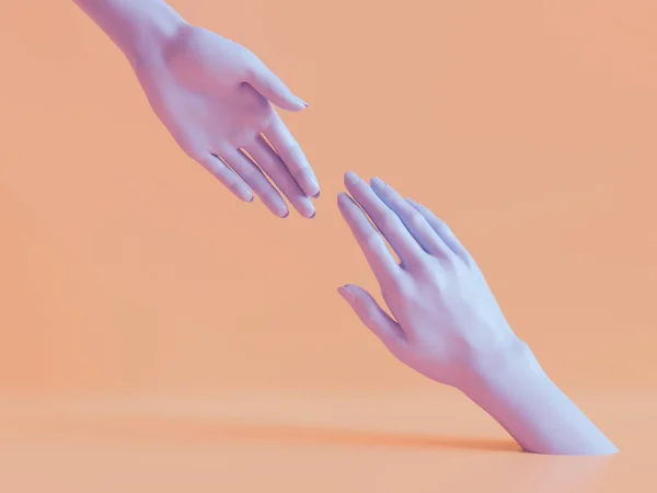 3d render, mãos femininas isoladas, fundo de moda mínima, partes do corpo do manequim, ajudando as mãos, conceito de parceria, cores pastel violeta pêssego — Fotografia de Stock