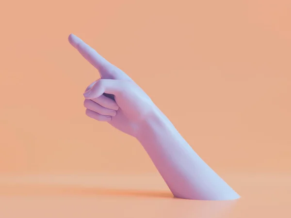 3d render, female hand isolated, finger up, pointing gesture, direction symbol, shop display, minimal fashion background, mannequin body part, show, presentation, peachy violet pastel colors — Stock Photo, Image