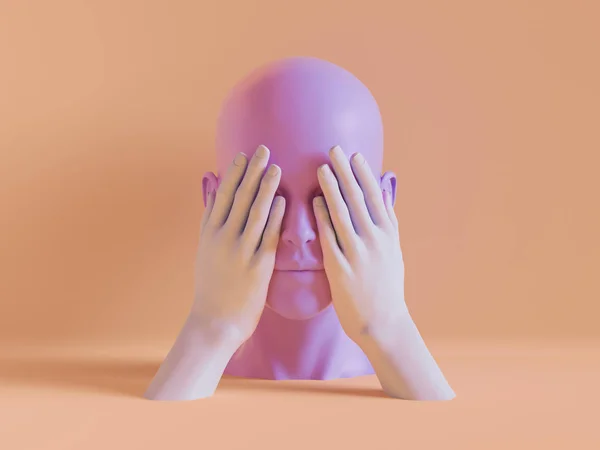 3d візуалізація, жіноча голова манекена, очі закриті руками, сліпа концепція, ізольований об'єкт, мінімальний модний фон, дисплей магазину, рожевий персиковий фіолетовий пастельний колір — стокове фото