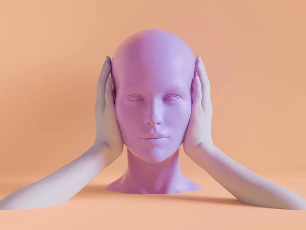 Renderização 3d, cabeça de manequim feminino, orelhas fechadas por mãos, conceito de silêncio, objeto isolado, fundo de moda mínima, exibição de loja, rosa cores pastel violeta pêssego — Fotografia de Stock