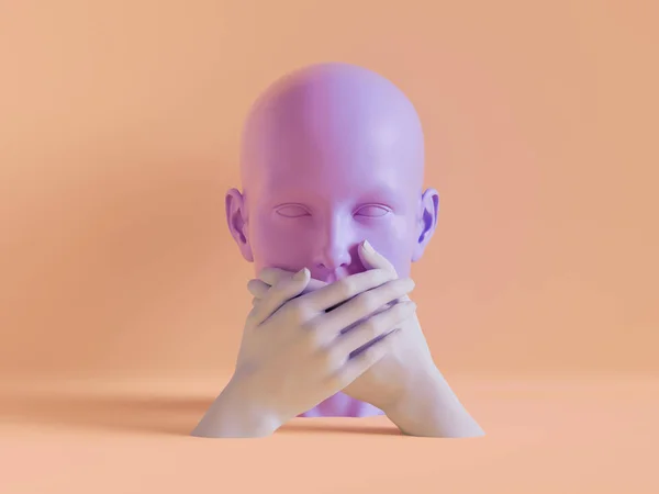 3D рендеринг, безмовна жіноча голова, рот закритий руками, концепція тиші, ізольований об'єкт, мінімальний модний фон, дисплей магазину, рожевий персиковий фіолетовий пастельних кольорів — стокове фото