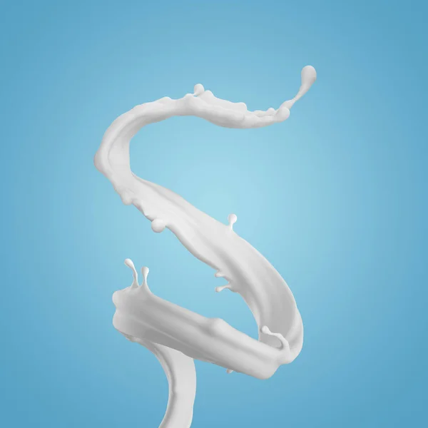 3d render, salpicadura espiral de leche, onda líquida, salpicadura blanca, pintura, bucles, chorro de curvas, aislado sobre fondo azul —  Fotos de Stock