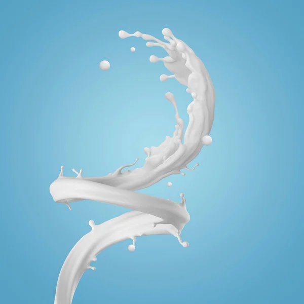 3d render, salpicadura espiral de leche, onda líquida, salpicadura blanca, pintura, bucles, chorro de curvas, aislado sobre fondo azul —  Fotos de Stock