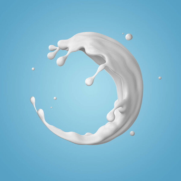 3d render, milk spiral splashing, liquid wave, white splash, paint, loops, curvy jet, isolated on blue background