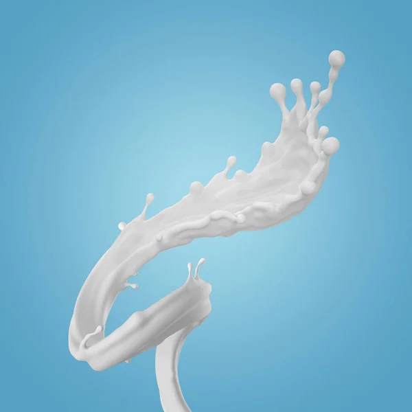 3d render, milk spiral splashing, liquid wave, white splash, paint, loops, curvy jet, isolated on blue background — Stock Photo, Image