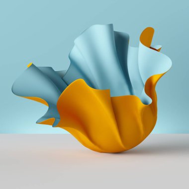 3D render, katlanmış bez, sarı perdelik izole mavi arka plan, tekstil, kumaş, perde, moda duvar kağıdı soyut