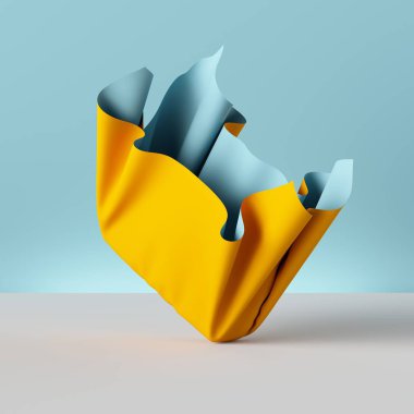 3D render, katlanmış bez, sarı perdelik izole mavi arka plan, tekstil, kumaş, perde, moda duvar kağıdı soyut