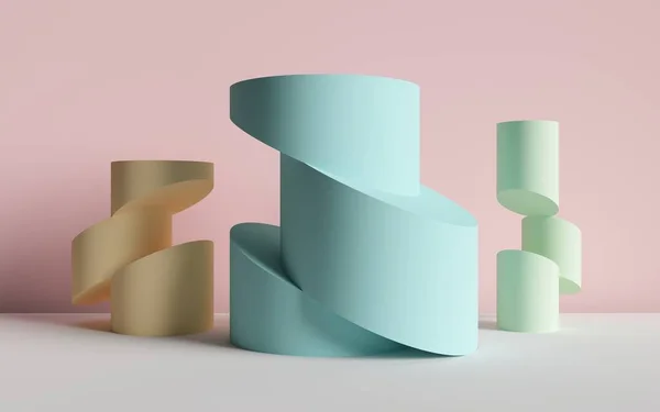 3d render, fondo abstracto, cilindros cortados, formas geométricas primitivas, paleta de colores pastel, maqueta simple, elementos de diseño mínimos — Foto de Stock