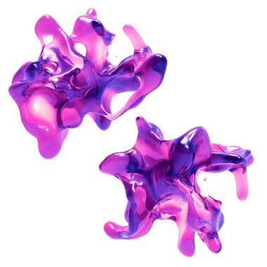 3D render, Neon Splash, pembe sıvı, içki sıçraması, beyaz arka planda izole tasarım elemanı