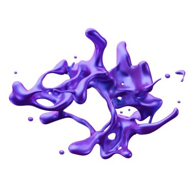 3D render, Neon menekşe sıçrama, sıvı, boya sıçraması, beyaz arka planda izole tasarım elemanı