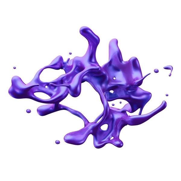 Rendu 3d, éclaboussure violette néon, liquide, éclaboussures de peinture, élément design isolé sur fond blanc — Photo