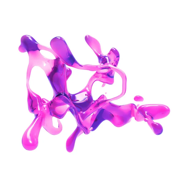 3d レンダリング、明るいネオンのスプラッシュ、ピンクの液体、水しぶき、白の背景に分離されたデザイン要素 — ストック写真