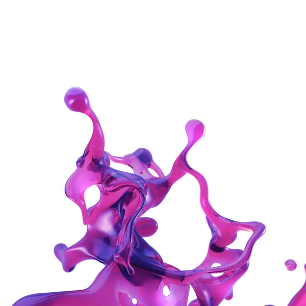 3D Render, Neon Splash, różowy płyn, rozpryskiwania napojów, element projektu na białym tle — Zdjęcie stockowe