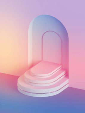 3D render, soyut geometrik arka plan, pastel renklerde Art Deco Shop ekran, moda podyum, boş Mock şablon, minimalist boş vitrin, ilkel Arch şekiller, niş