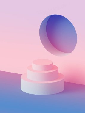 3D render, soyut geometrik arka plan, boş minimalist mock up şablon, moda podyum, boş vitrin, ilkel şekiller, yuvarlak niş, Art Deco Shop ekran, pastel neon renkler