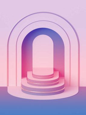 3D render, soyut geometrik arka plan, pastel renklerde Art Deco Shop ekran, moda podyum, boş Mock şablon, minimalist boş vitrin, ilkel Arch şekiller, niş