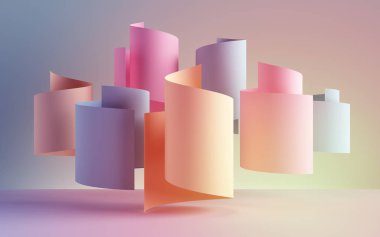 3D render, kağıt şerit rulo, soyut şekiller, moda arka plan, girdap, pastel Neon kayar, kıvrımlı, spiral, silindir