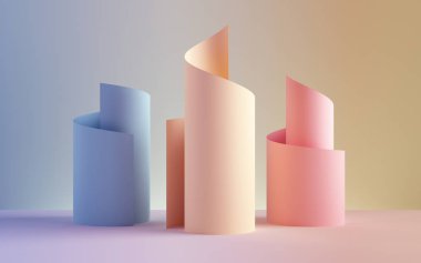 3D render, kağıt şerit rulo, soyut şekiller, moda arka plan, girdap, pastel Neon kayar, kıvrımlı, spiral, silindir