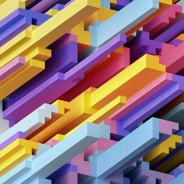 3d рендеринг, абстрактний неоновий геометричний фон, кубічні форми, сучасні воксельні шпалери — стокове фото