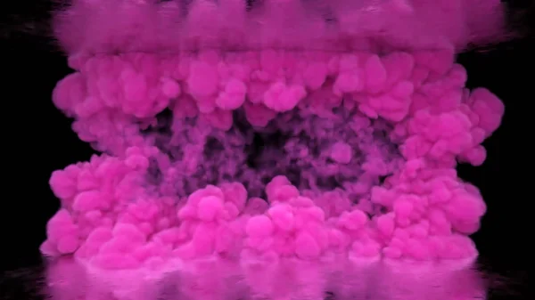 3D-Render, rosa Rauch füllt den leeren Raum, Rauch auf schwarzem Hintergrund, rauchige Atmosphäre, giftige Luft, Bühnennebel, bunte Pulverwolken — Stockfoto