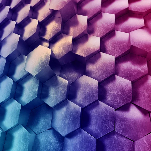 3D abstrakt geometrisk bakgrund, metalliska sexkantiga honeycombs, modern lila Neon tapeter, trendiga tekniska konsistens — Stockfoto